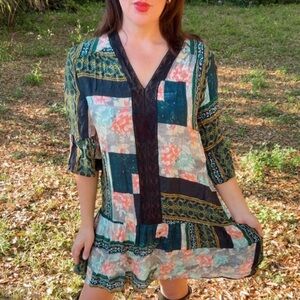 Anthropologie Patchwork Floral V-Neck Tunic - Teal, Coral, Cream